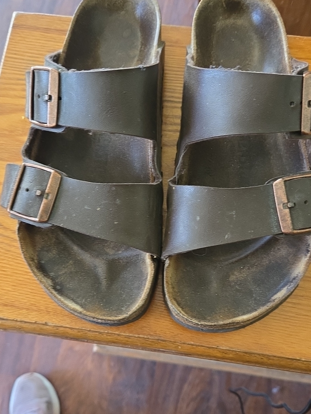 Birkenstock Two-Strap Sandals in Dark Brown with Bronze Buckles
